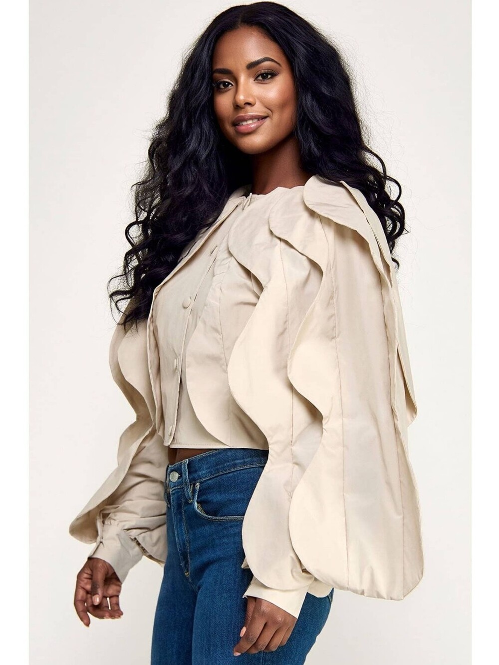Beige Statement Ruffle Blazer Jacket - Picture 3 of 3